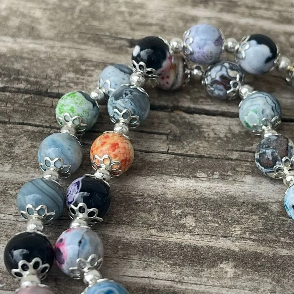 Colorful orca stretch bracelet silver tone black blue pink beads beaded NEW dyed